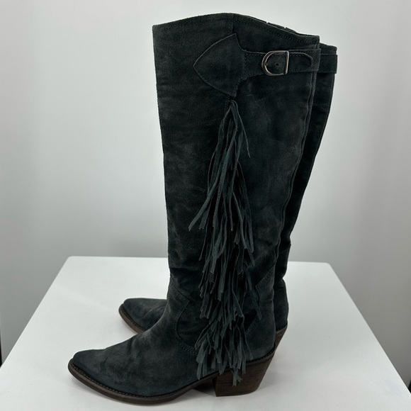 Carlos Ringo Blue Suede Knee High Tall Boots Fringe Size 10 - Picture 1 of 13